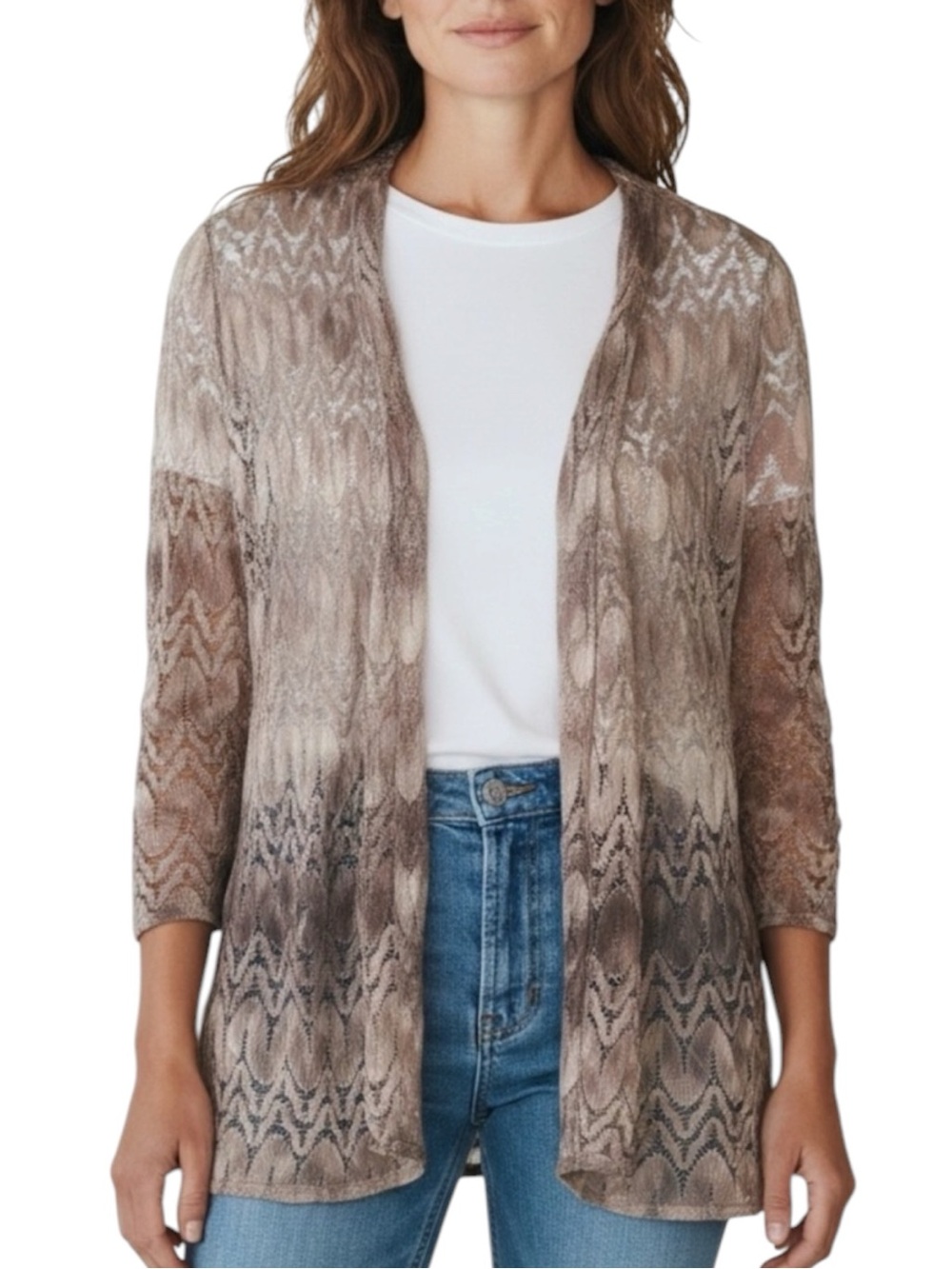 CHICO’s Travelers Taupe Patterned Open-Front Cardigan Sweater Size 1 (6-8) - Picture 8 of 9
